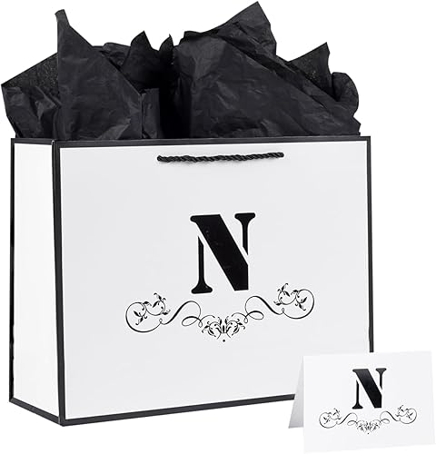 Miniatura 1 de Bolsa de regalo con letras con papel de envoltura para hombres, mujeres, niños y niñas, bolsa de papel grande de 12 pulgadas de color blanco y negro