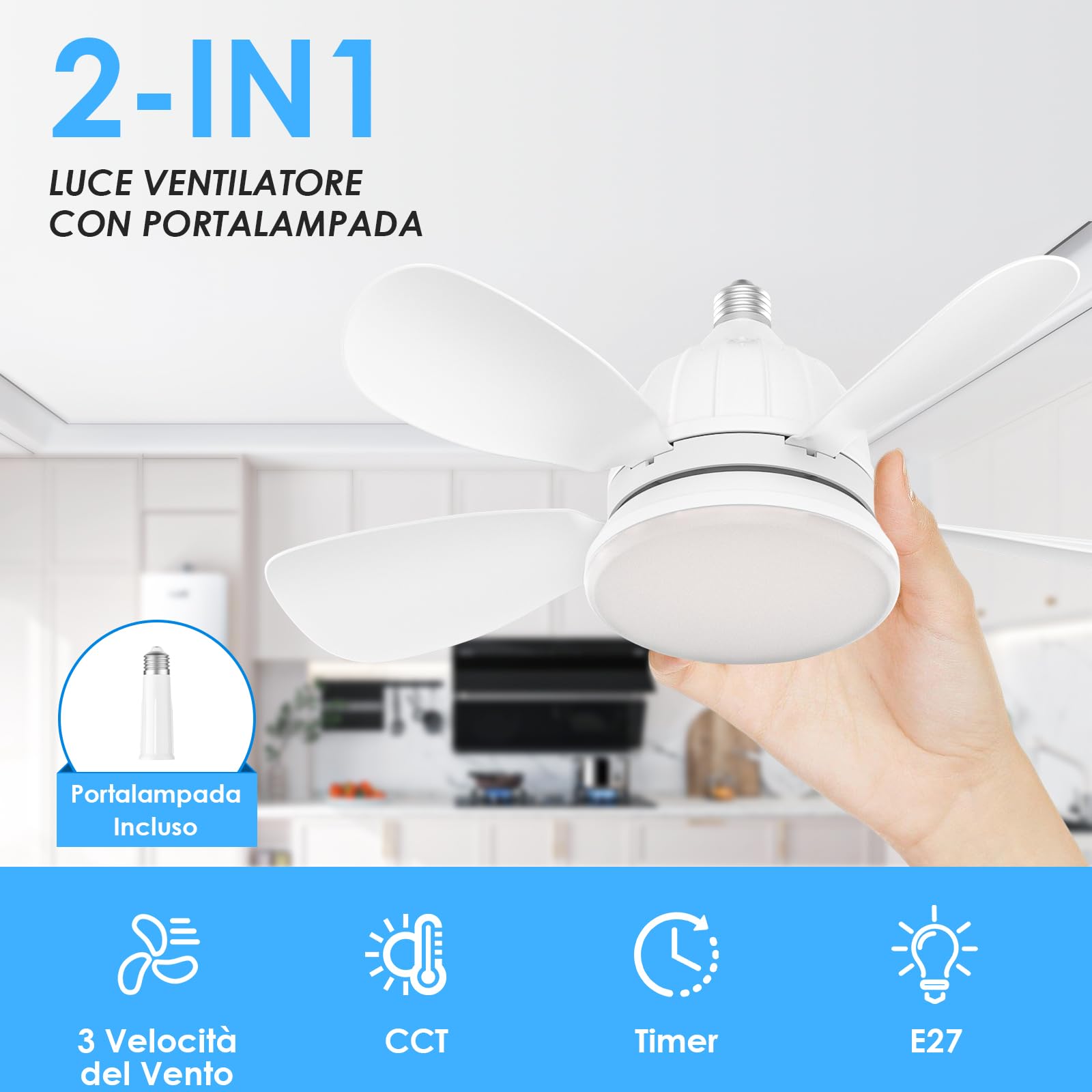 Ventilatore da Soffitto con Luce, Lampadario con Ventilatore Soffitto e Telecomando, 3 Velocità, 5 Pale, 46cm per Camera da Letto, Cameretta dei Bambini(Senza portalampada E27)