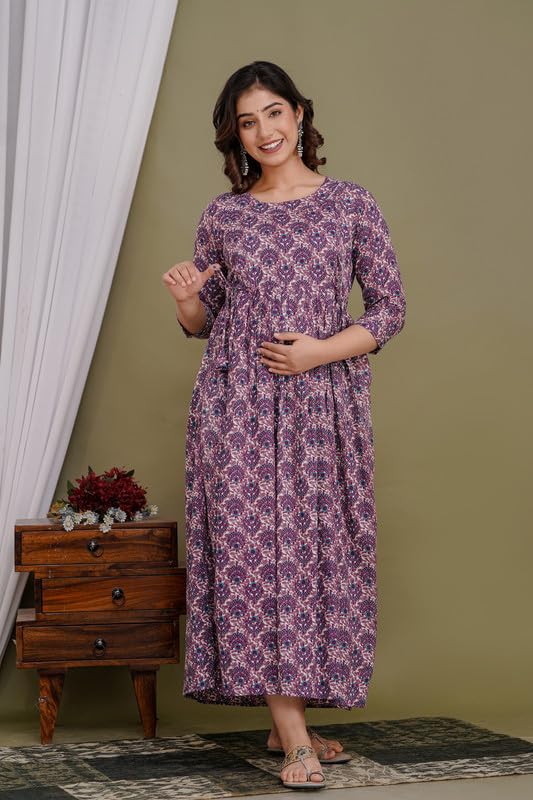 Image of Women's Pure Cotton Printed Maternity Gown /Maternity wear /Feeding Gown A-line Maternity Feeding Dress Maternity Kurti Gown for Women