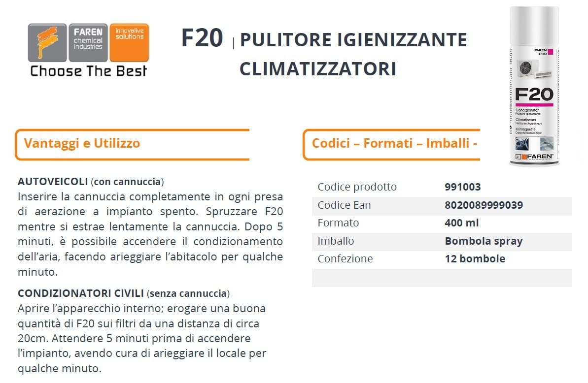 FAREN - Igienizzante per Condizionatore Clima, Pulitore Climatizzazione, Soluzione Alcolica, Azione Profumante, Anti-Batterico, 400 ml, Confezione da 1
