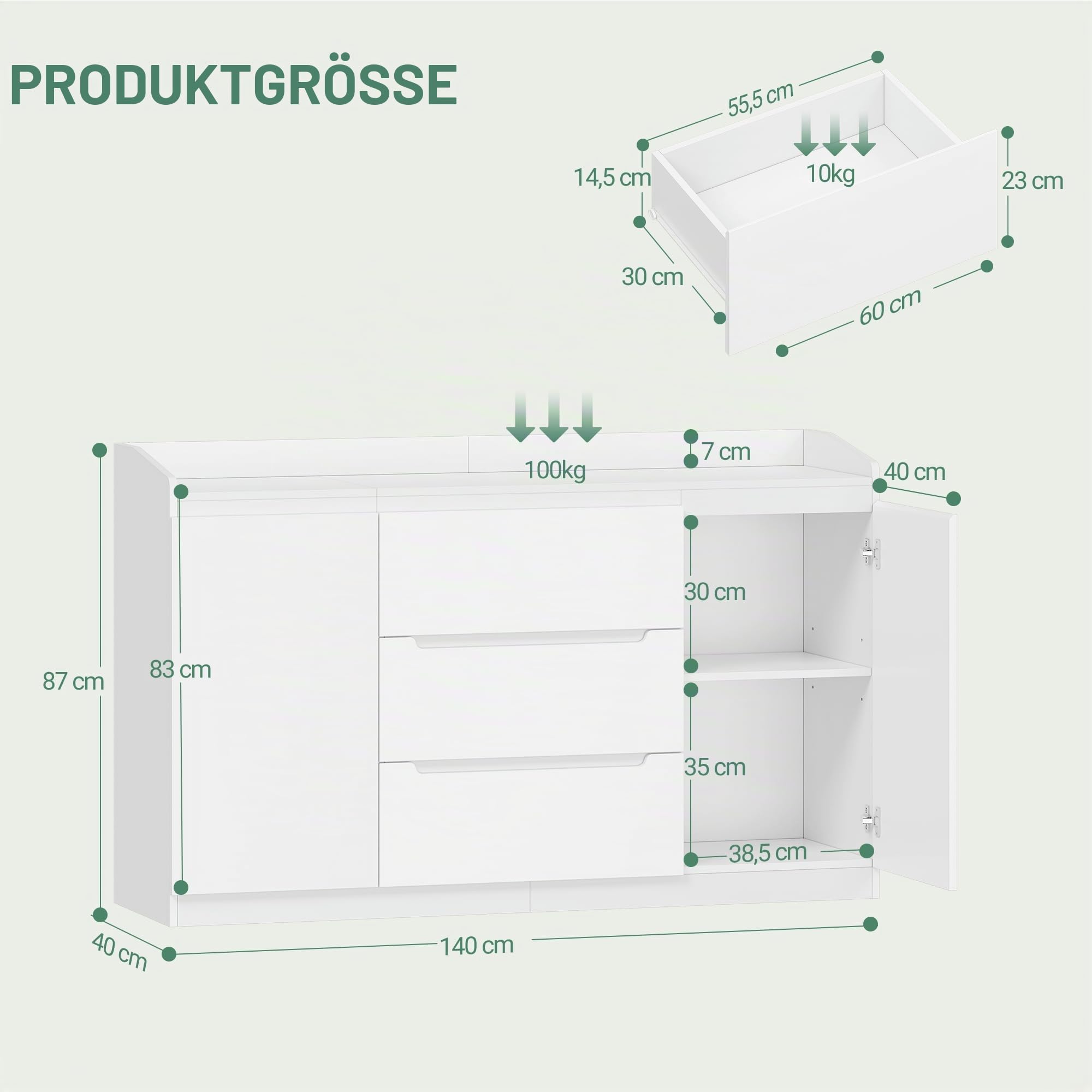 Hzuaneri Kommode, 3 Schubladen, 2 Türen, 40 x 140 x 87 cm, Weiß | Holz-Kommode, moderner Aufbewahrungsschrank für Schlafzimmer, Wohnzimmer, Büro, Eingangsbereich, DC12503X