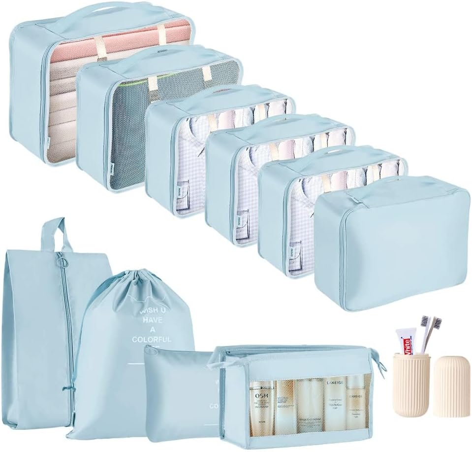 Packing Cubes for Suitcase – GEEDIAR 11 PCS Packing Cubes Travel Luggage Organizers Bag Waterproof Travel Essentials Bag Clothes Shoes Storage Bags（Blue）