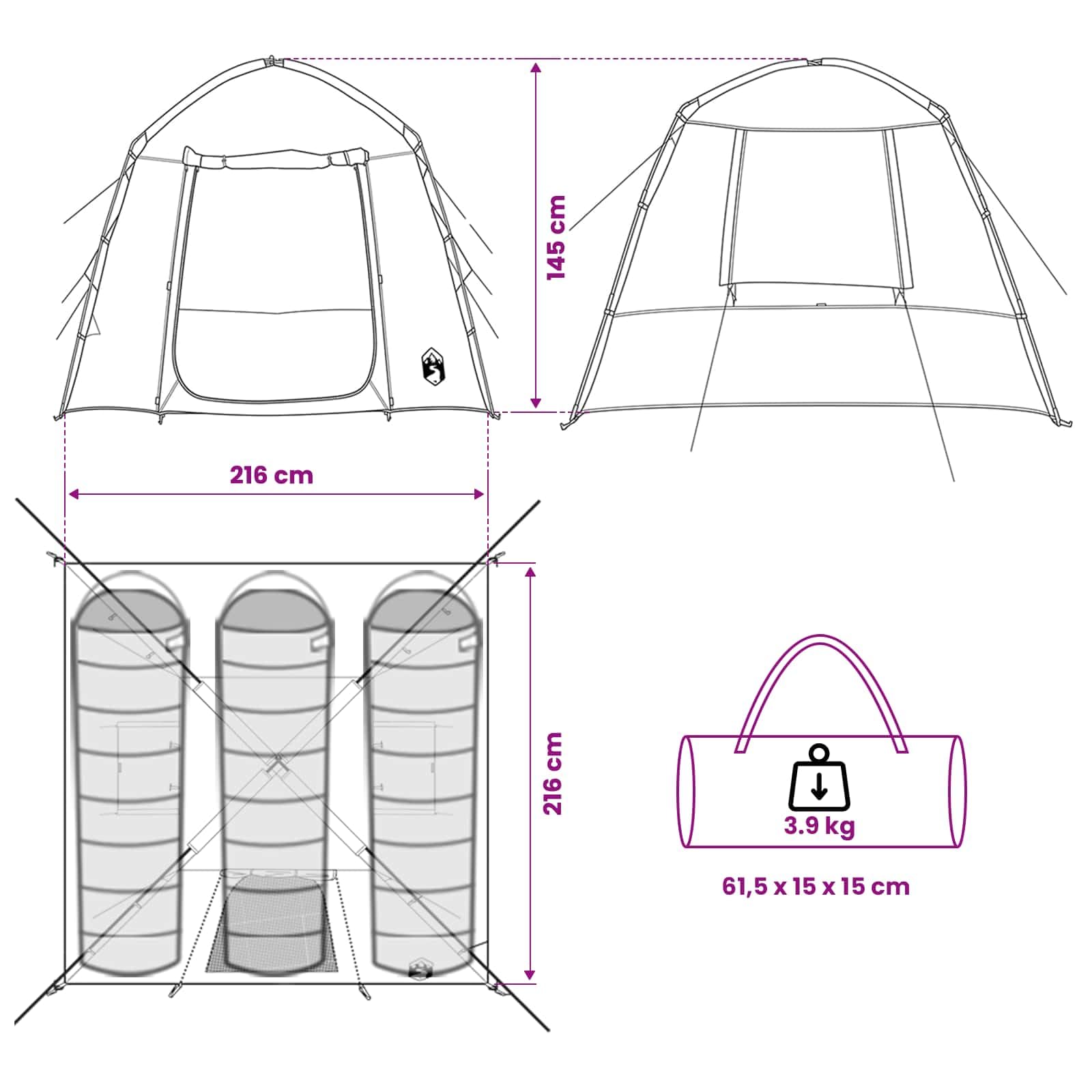 Hütten-Zelt Cabin Zelt Olivegrün aus Polyester 210 x 210 x 138 cm für Camping Familie, Outdoor Event, wasserdicht und mit Luftöffnung