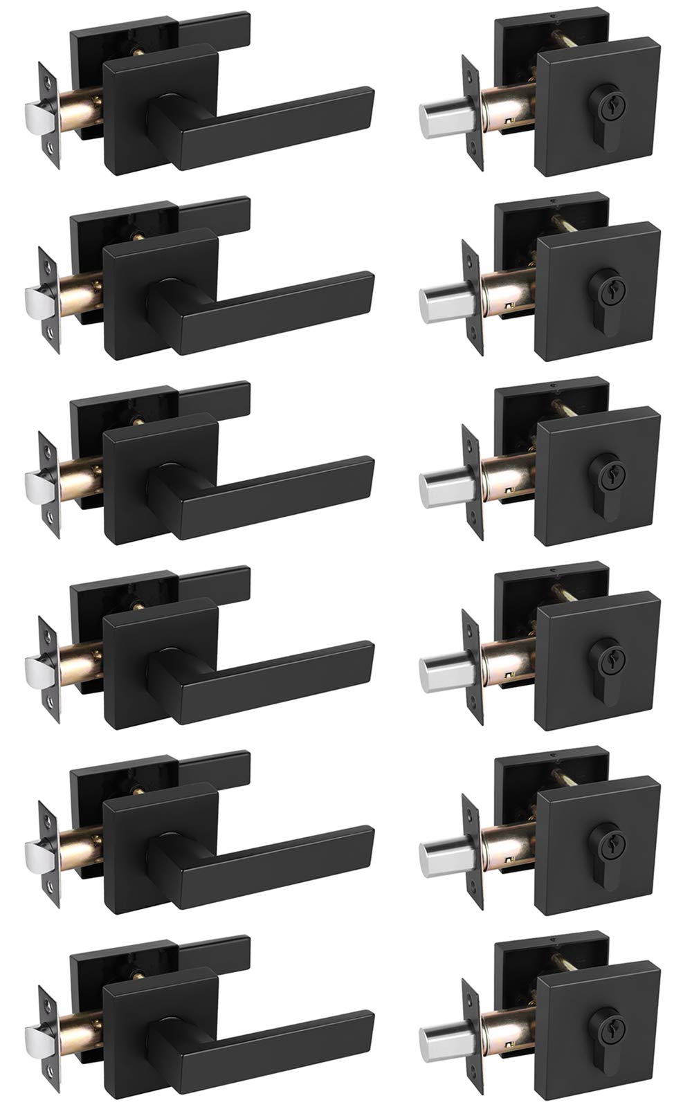Keyed Entry Door Lockset with Deadbolt, Reversible Passage Lever and Keyed Alike Double Cylinder Deadbolt, Matte Black Square Handleset for Bedroom, Front Door 6 Pack