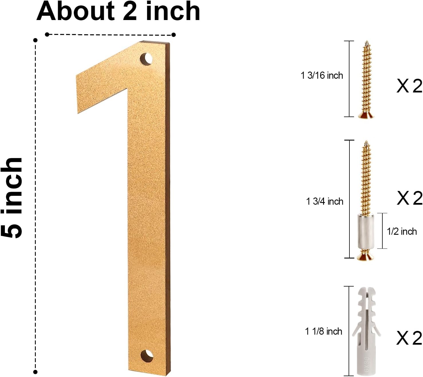 Gold 5 Inch Modern House Number 1, Easy Install Matte Drill Acrylic Mailbox Numbers, Address Signs for Exterior Doors, Apartments, Doors, Hotels