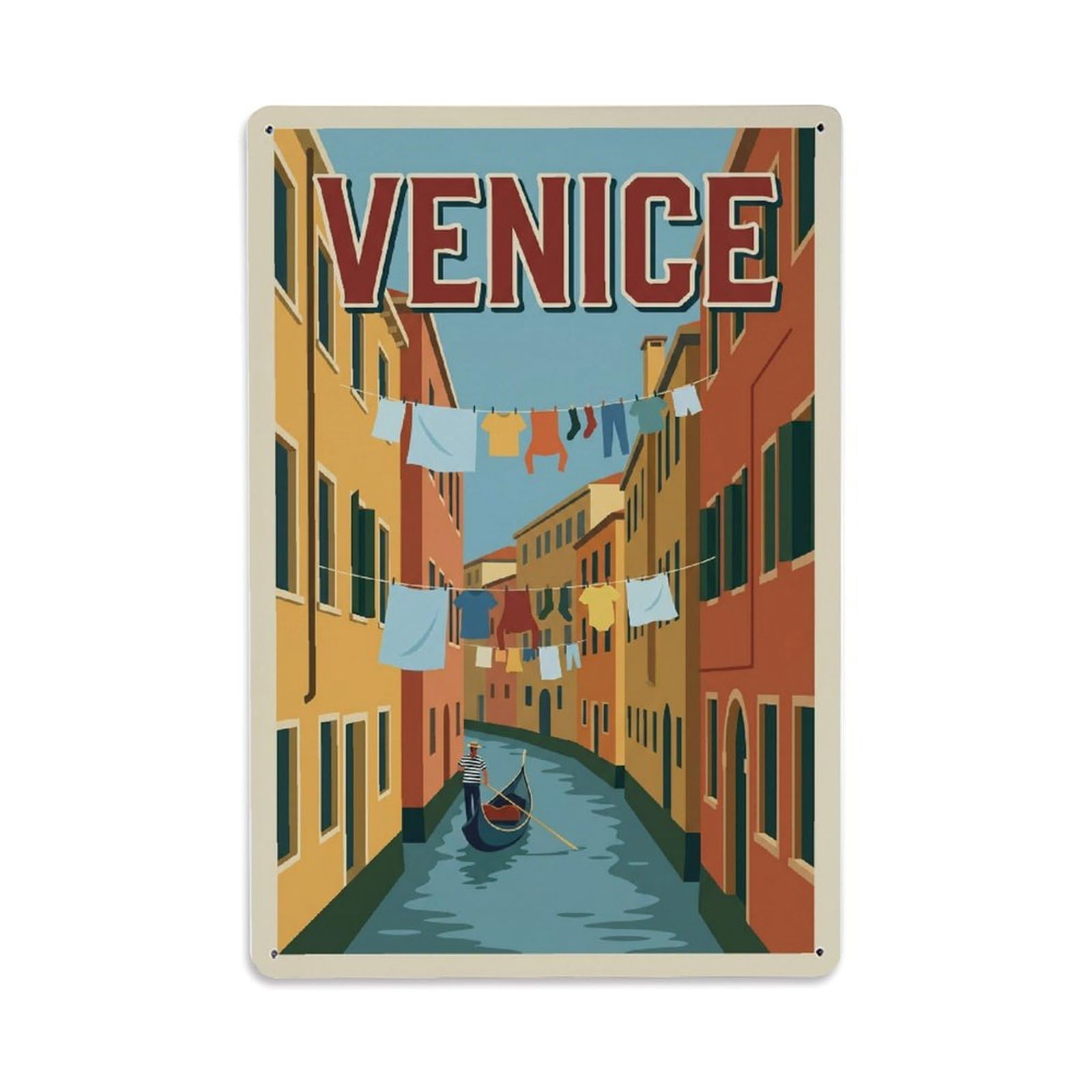 Vintage Travel Venice Narrow Canal Laundry Hanging Clean Italy Metal Tin Sign Plaque Wall Decor for Cafe, Club Bar, Office, Home Garden Metal Poster 8x12Inch