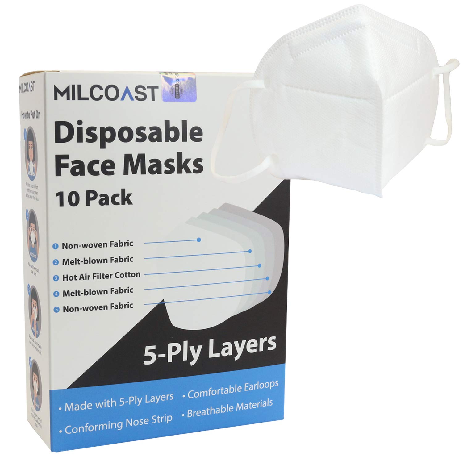 Milcoast 5-Ply Layer Disposable Protective Face Masks Respirator - Single Wrap 10 Pack
