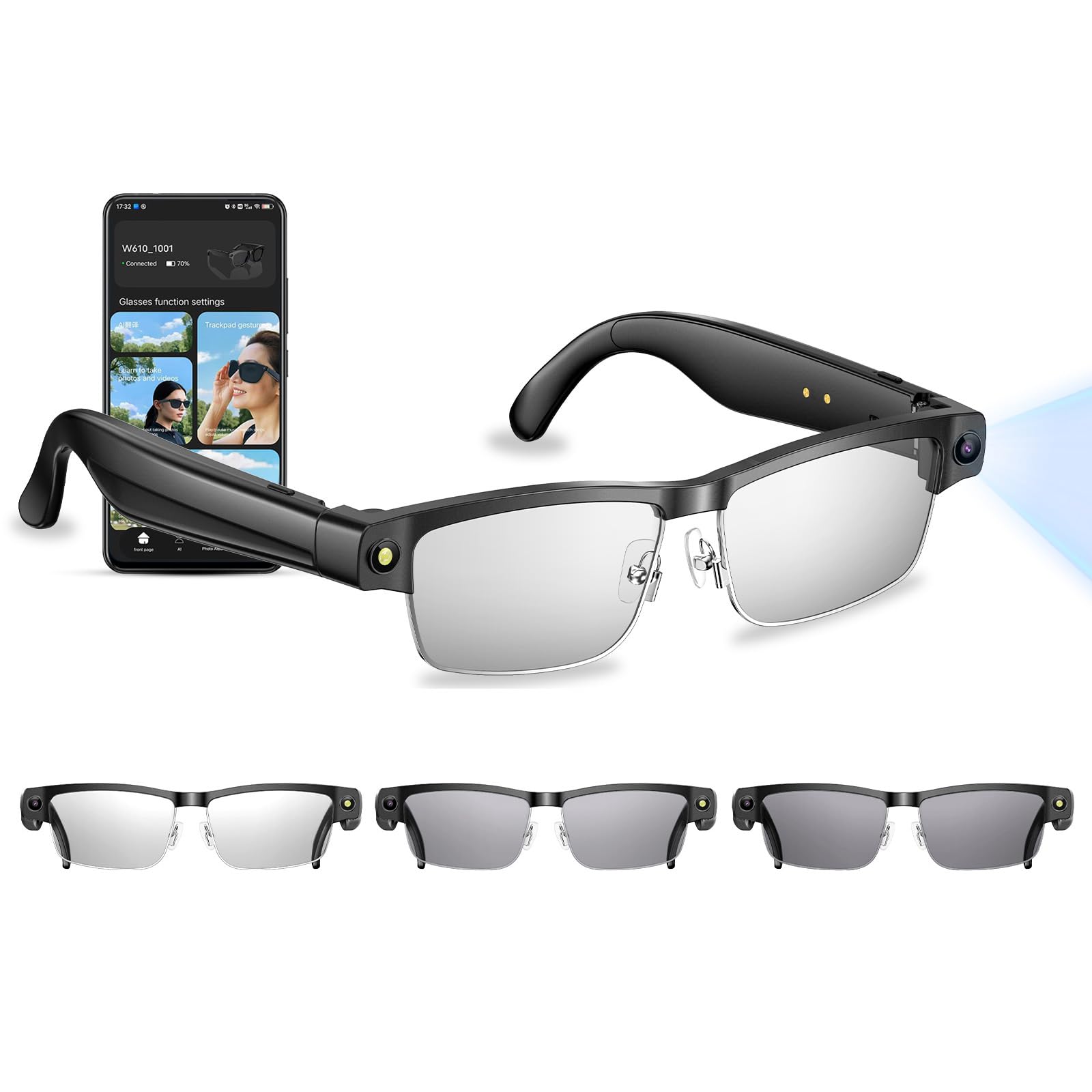 AI Smart Glasses with 8MP Camera Bluetooth Calling - 2K HD Video Photo Recognition Smart Sunglass-Tint Lenses for