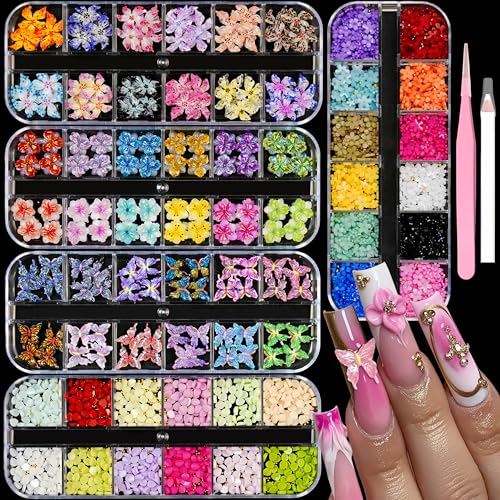 3D Flowers Nail Charms Hawaii Flowers Nail Rhinestones Butterfly Colorful Peach Blossoms Petal Gold Caviar Beads Nail Decorations Mixed Rhinestones Kit Nail Design for Women Nail Supplies(5 Boxes)