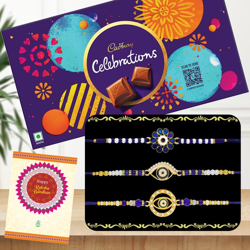 Image of Canton Rakhi With Chocolate Gift Combo, Pack of 3 Designer Rakhi For Brother With Chocolate Gift, Roli & Greeting Card (Design-4, Rakhi With Celebration)
