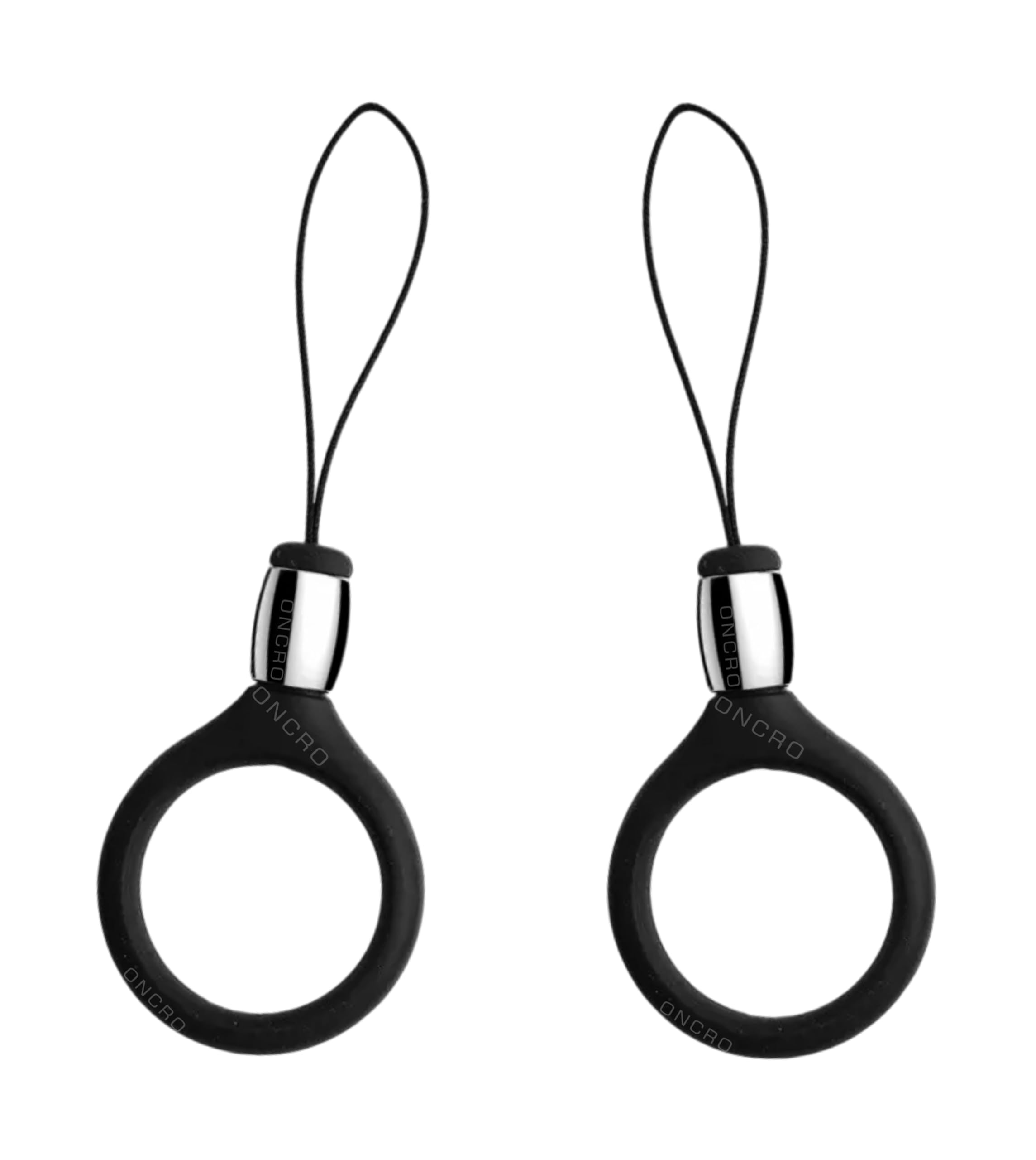 Pack of 2 Black Round shape Silver top charm Keychain Silicone Finger Ring Lanyard for Mobile Phones Hanging thread Strap Anti-Slip ideal for Cameras keys pen drive electronics accessories