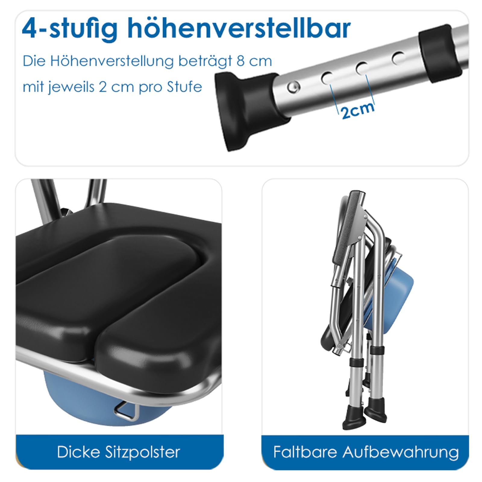 Toilettenstühle für senioren faltbar, höhenverstellbaren toilettenstuhl Tragfähigkeit 200 kg, 50cm breit Edelstahl fahrbar fahrbarer duschstuhl mit papier halter,weicher Sitzfläche (TY-0312)