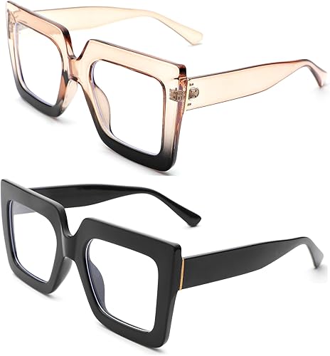 Bouryo Gafas de luz azul de gran tamaño para mujer, gafas de marco cuadrado grande, gafas de computadora transparentes sin receta