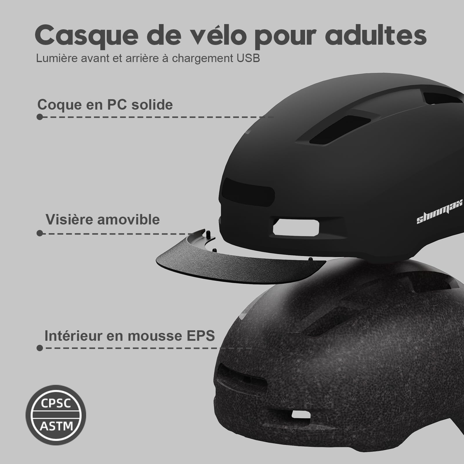 Shinmax Casque Velo Homme Femme avec 5 Modes Lumière USB et Visière, Casque Trottinette Electrique Adulte