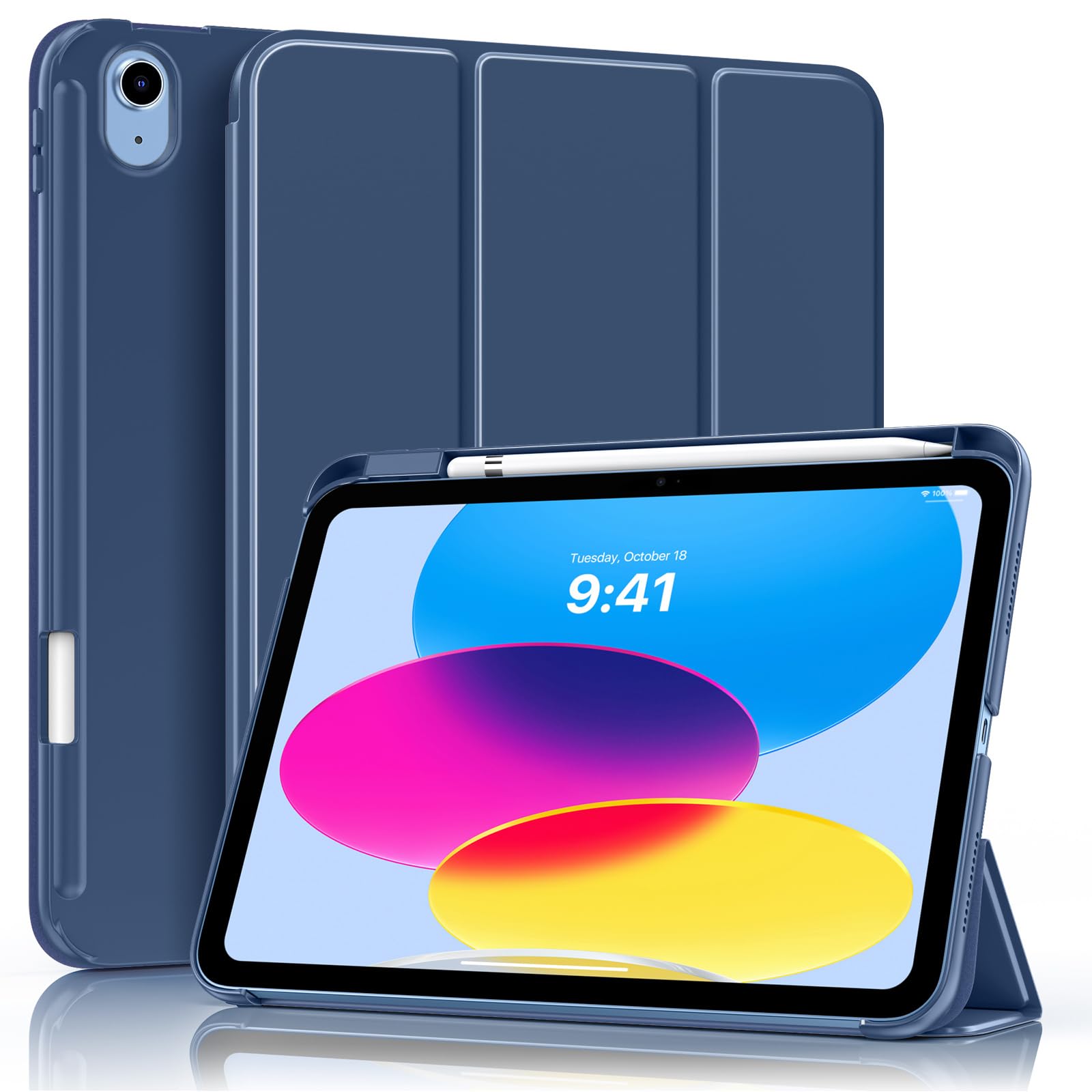MoKo for iPad A16 11th Gen Case, iPad 10th Generation Case, Navy Blue | With Pencil Holder, Supports Touch ID, Hard PC Back Shell, Trifold Stand Design, Auto Sleep/Wake, 2 Adjustable Angle