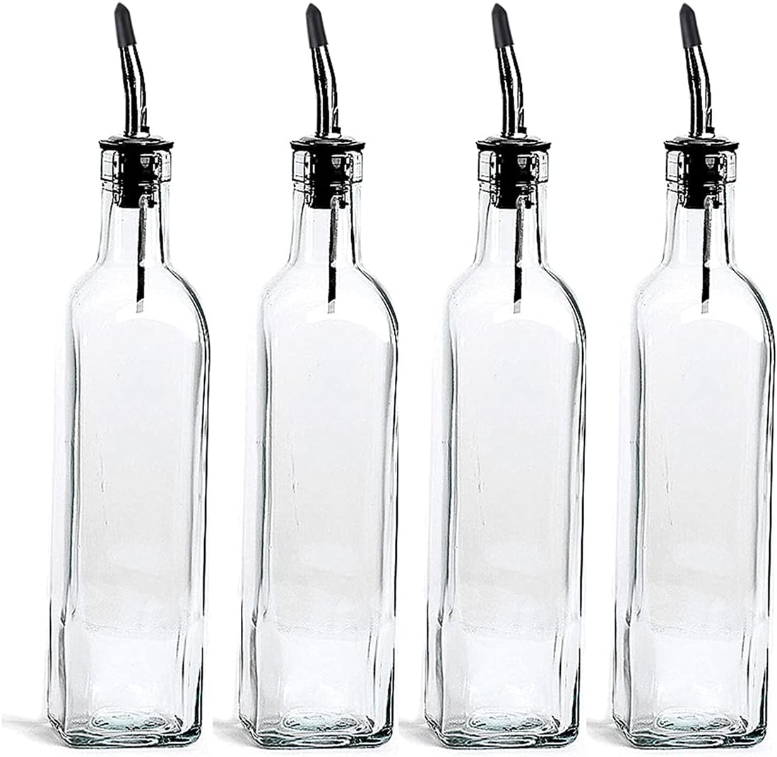 DLD Oil Dispenser For Kitchenr And Vinegar Bottle 4 Pack 16oz/473ML, For Kitchen, Glass Cooking Oil Container Cruet, Precise oil control, Clear