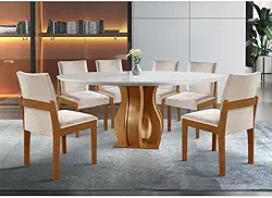 Conjunto Sala de Jantar Mesa Nuance 135cm Redonda Tampo Vidro/MDP com 6 Cadeiras Mônaco Castanho Cinamomo/Suedy Creme