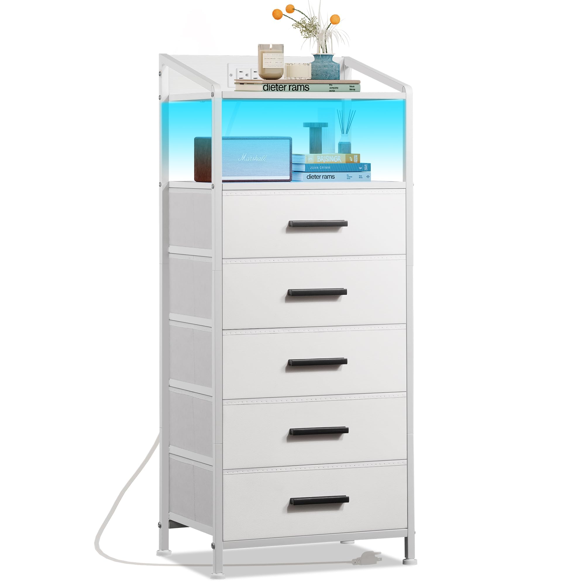 EKNKOZY Nightstand 5 Drawer Dresser with LED Lights and Charging Station, Vertical Side Table with Fabric Drawers, End Table with Open Shelf, Tall