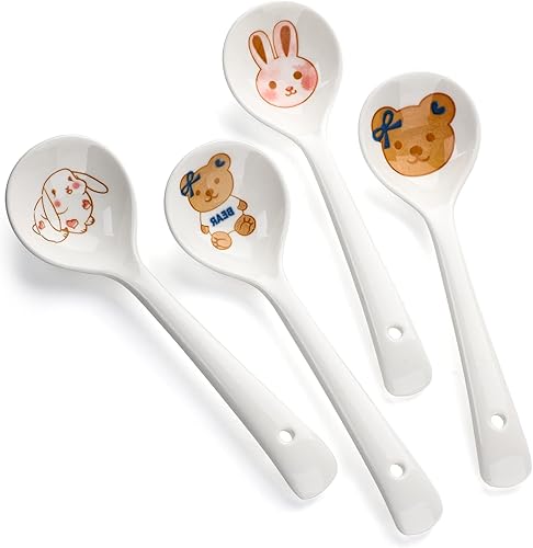 Juego de 4 cucharas de cerámica para postre de mango largo, cucharas de porcelana coreana para comer postres, aperitivos, cereales (doble color)