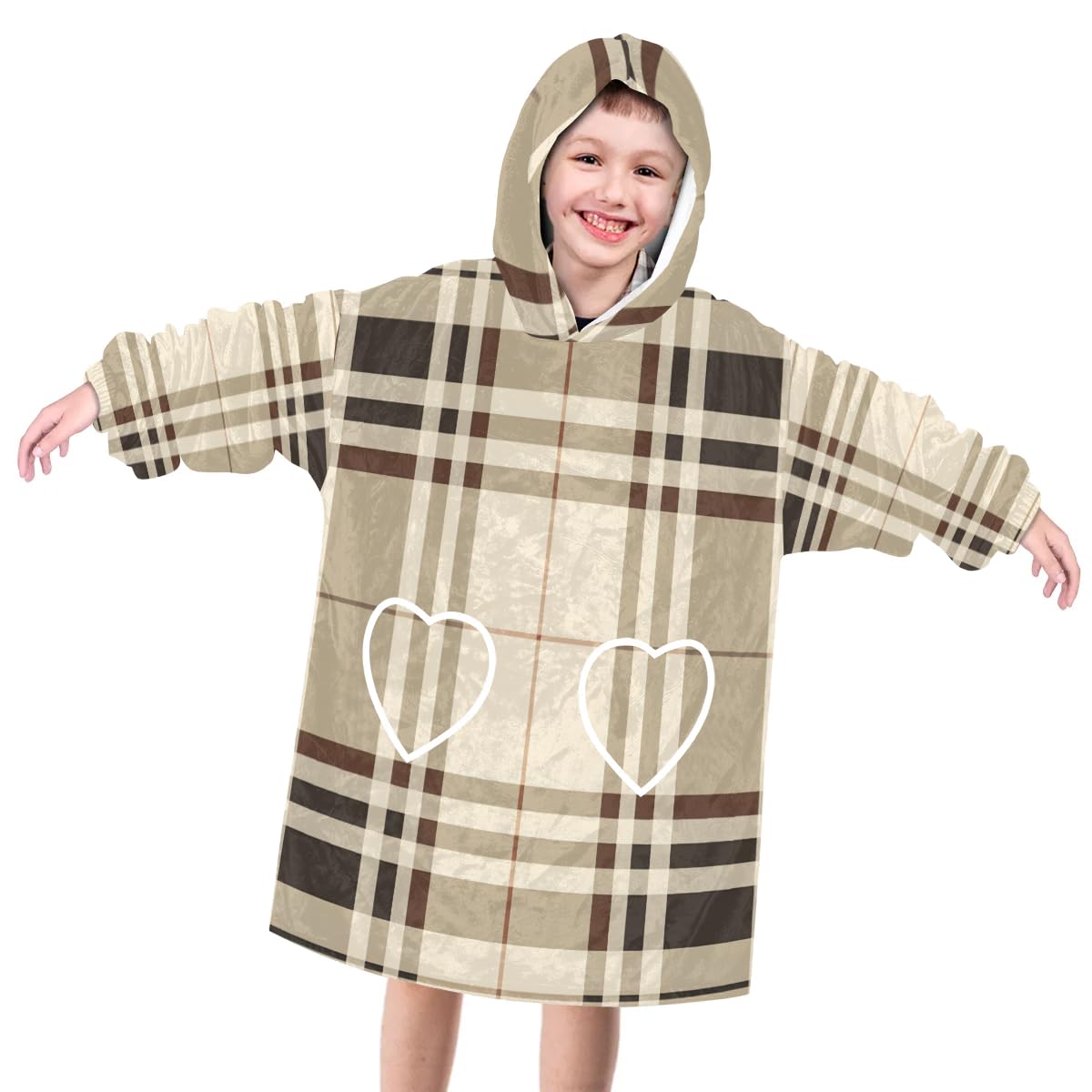 Wearable Blanket Hoodie for Kids, Rustic Plaid Fleece Sweatshirt Blanket Oversized Blanket Sweatshirt with Pocket Flannel Warm Hooded Blanket 6-10 Year Old Girl Boy Gift, One Size