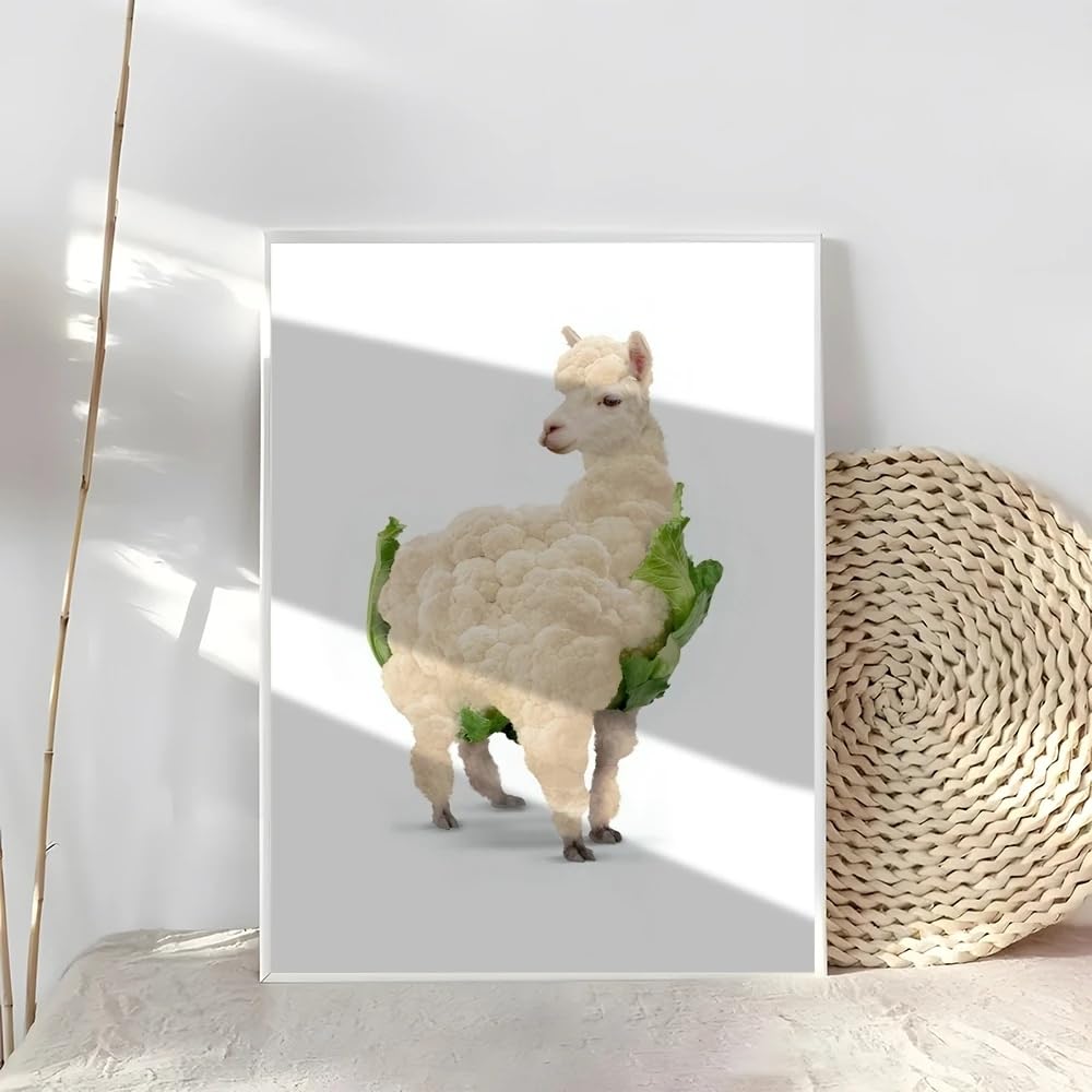MAIMANG Alpakas und Blumenkohl Gemälde Kalligrafie Leinwand HD Poster Wandkunst Innenflur Heimdekoration (70x100cm/Innenrahmen)