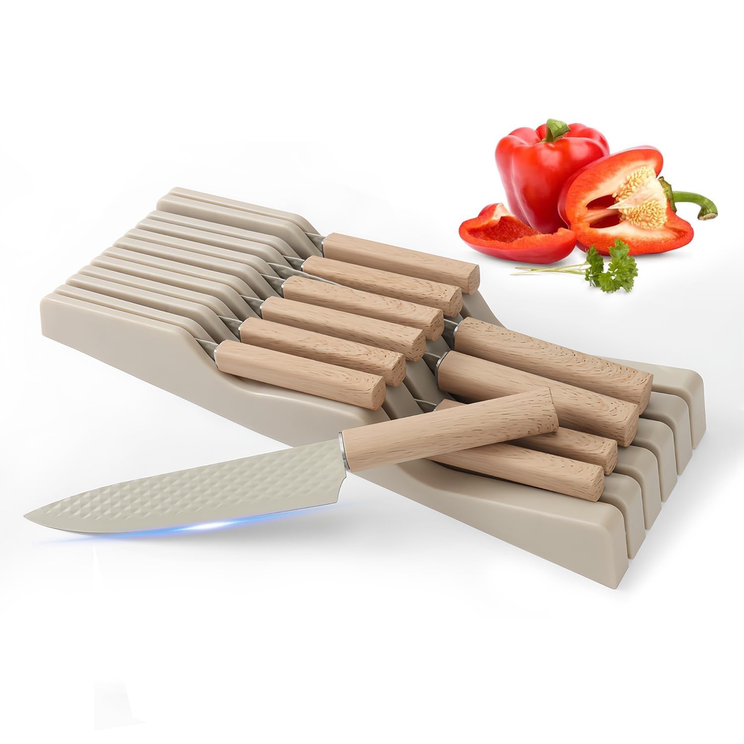 Knife Block Set 12 Pieces Kitchen Knife Set with In-drawer Knife Block Stainless Steel Knife Set with 6PCS
