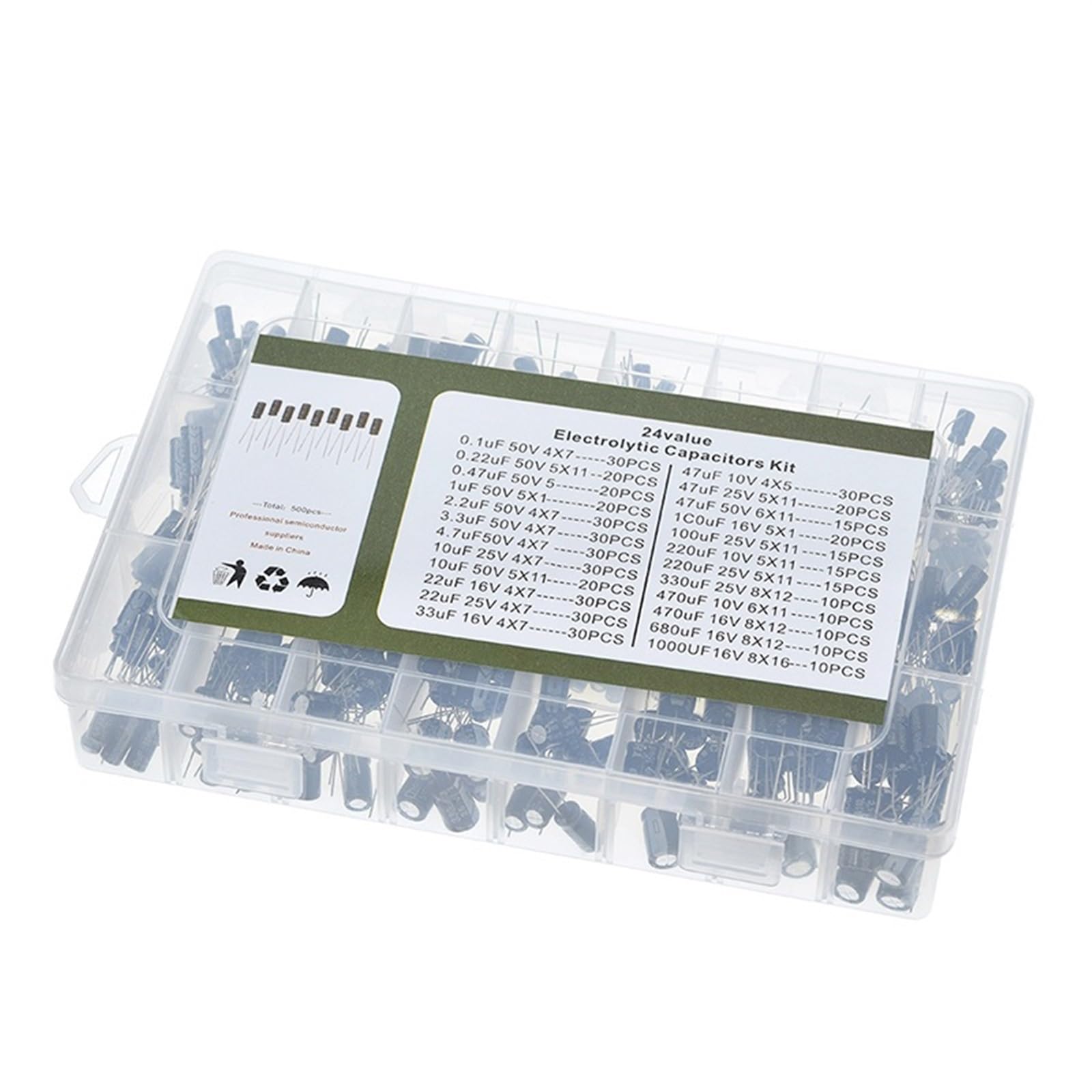 500 unids/lote 0,1 UF-1000UF 24 valores condensadores electrolíticos de aluminio 16-50V mezcla de condensadores electrolíticos kit surtido y caja de almacenamiento