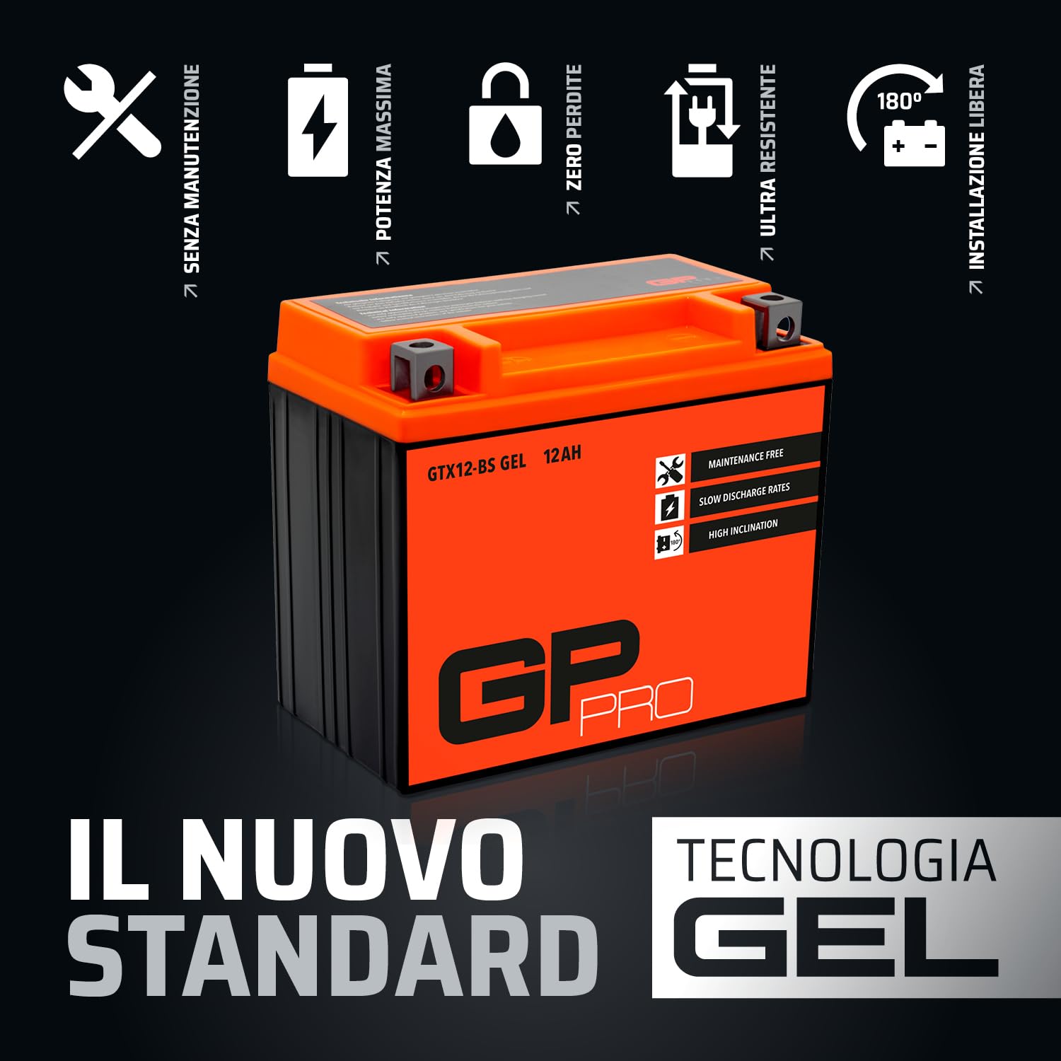 GP-PRO GTX12-BS 12V 12Ah GEL Batteria di avviamento (compatibile con YTX12-BS / 51012) (Esente da manutenzione/Sigillato) Moto Accumulatore