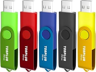 TOSPLUS 5-Pack 32GB USB 2.0 Flash Drives - Swivel Thumb Drives Memory Sticks in 5 Colors, Plug & Play Bulk Storage