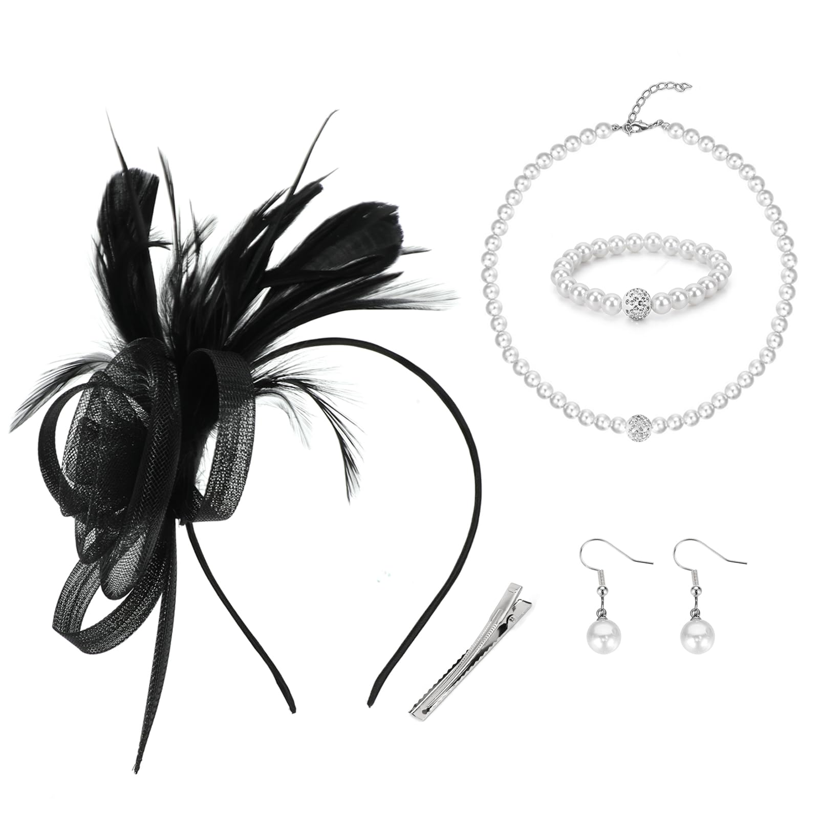 MWOOT Fascinator Opaska, 1920 Kapelusz z Piórami i Kwiatem w Siateczki dla Kobiet, Naszyjnik Bransoletka Kolczyki z Imitacją Perł, Czarny Akcesoria do Włosów na Wesele Koktajl Herbatka