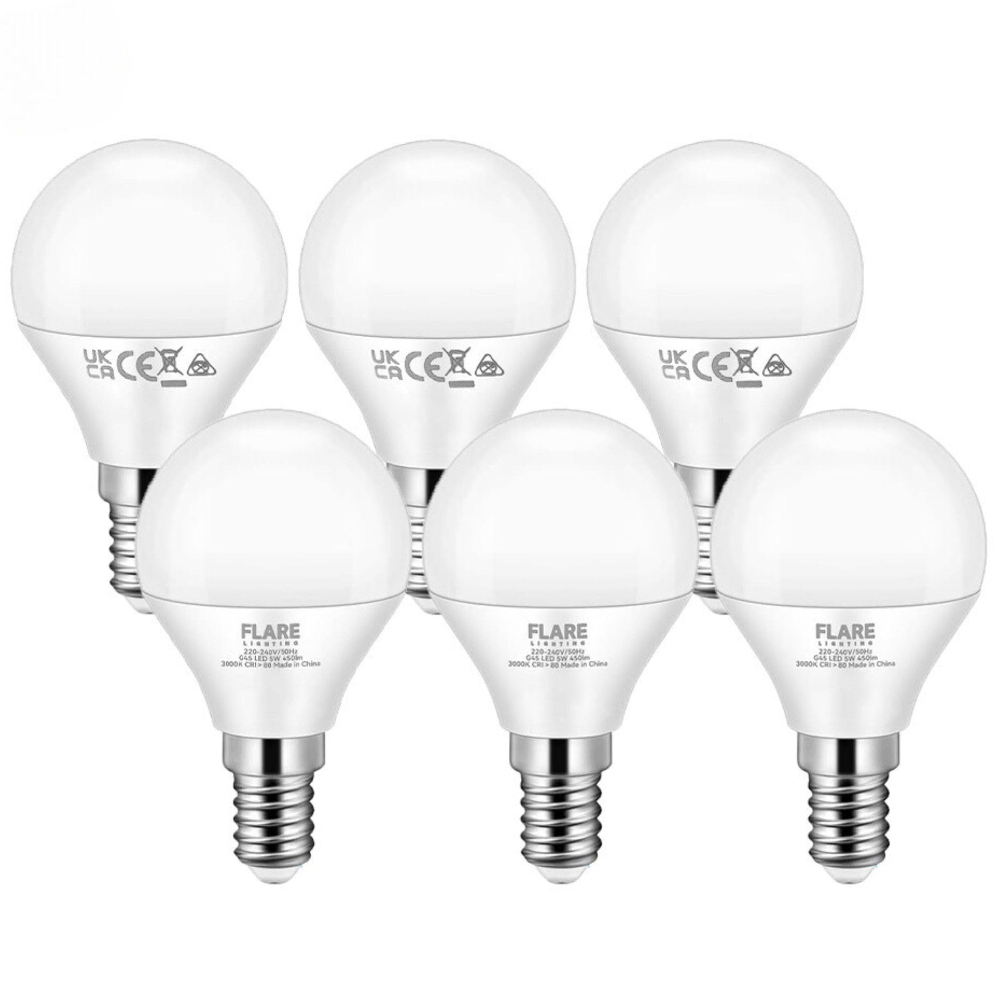 Flare Lightning E14 LED Light Bulb 60W Equivalent (6 Pack), Small Screw Light Bulb Cool White 6500k, 9W Energy Saving and Super Bright, SES E14 Bulb, G45 LED Bulb, 450 Lumens, Non-Dimmable