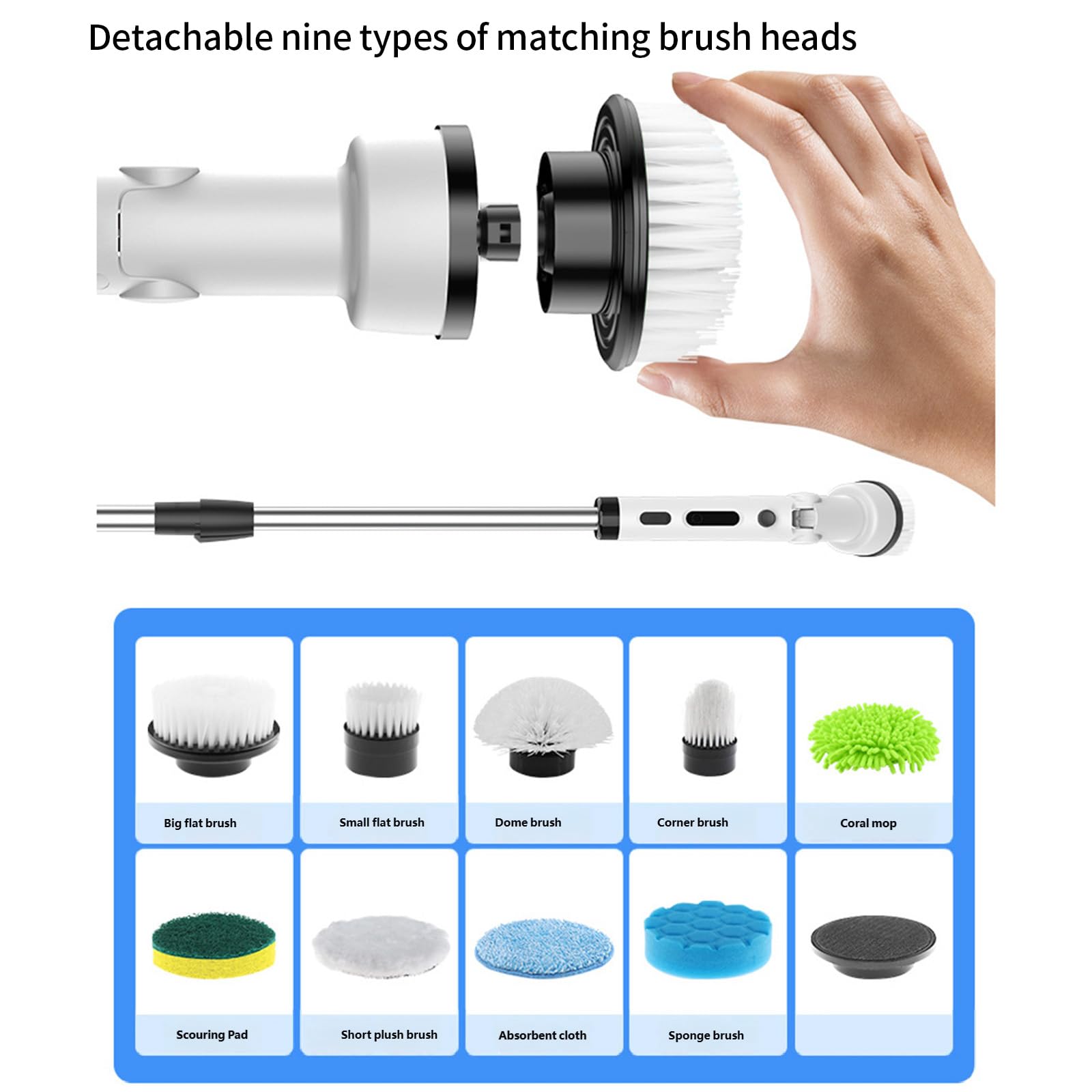 Brosse de Nettoyage électrique sans Fil, avec poignée réglable et 9 têtes de Brosse pour diverses Surfaces, Nettoyeur de