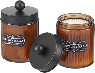 Amber Glass Qtip Holder, 2 Pack Apothecary Jars with Lids Cotton Ball Holder Cotton Round Swab Pad Holder, Bathroom Jars Counter Storage Jars Containers for Restroom Bathroom Organizer, Amber