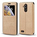 Shantime Sichtfenster-Lederhülle Kompatibel mit Leagoo M9 Pro, Elegantes Design mit Klarsichtanzeige, Unsichtbarem Magnetverschluss & Kartenfach(Gold)