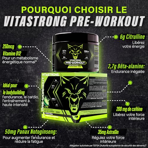 Pre Workout Booster Puissant 300g Goût Lime, Vegan Preworkout, Vitamine B12, L Citrulline, Beta Alanine, Cafeine, Taurine, AstraGin, Vitastrong Pre Workout (24 portions (paquet de 1), Lime) – Image 4