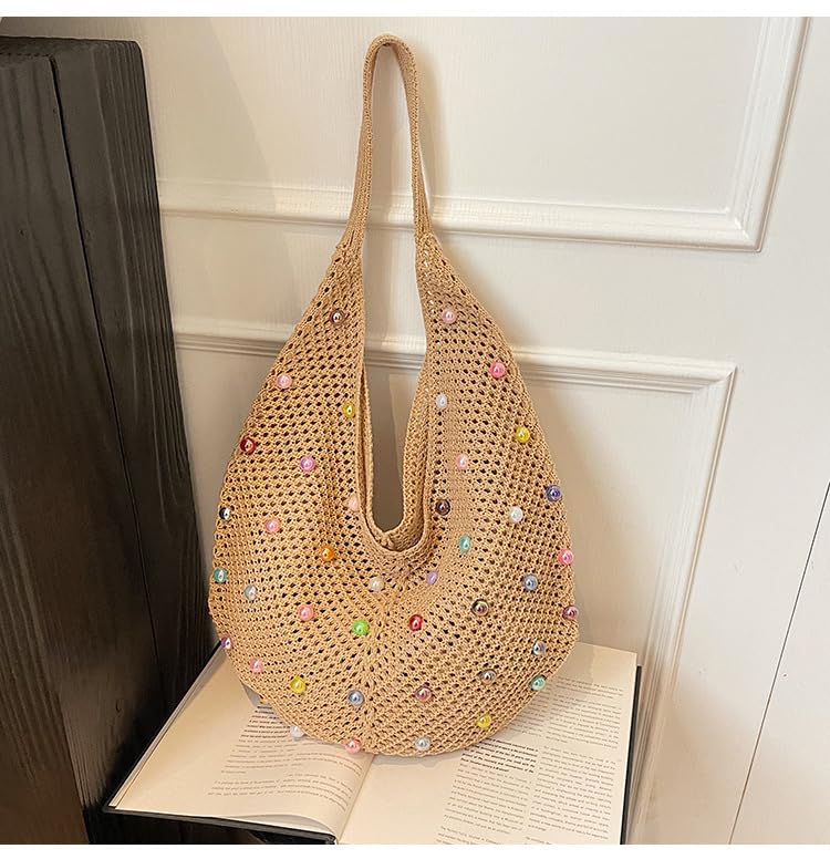 Image of Boho Crochet Beach Tote Shoulder Bag with Colored Beads | Colorful Aesthetic Hippie Knit Bag for Women
