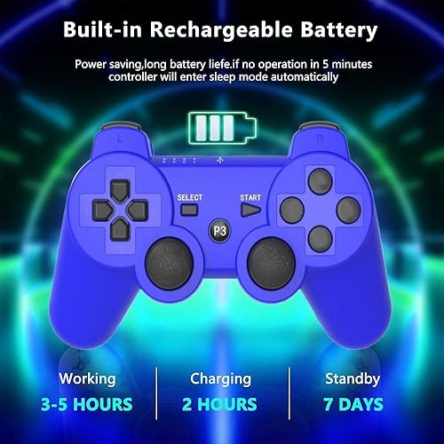 Miniatura 7 de Rzzhgzq 2 Pack PS3 Wireless Controller Playstation 3 Controller Wireless Bluetooth Gamepad with USB Charger Cable for PS3 Console (BLUE+SILVER)