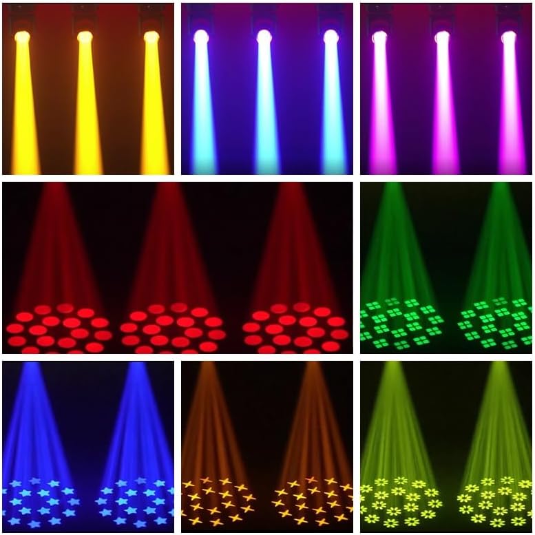 YUERLT Moving Head Light showing 8 color options and infinite rotating speed