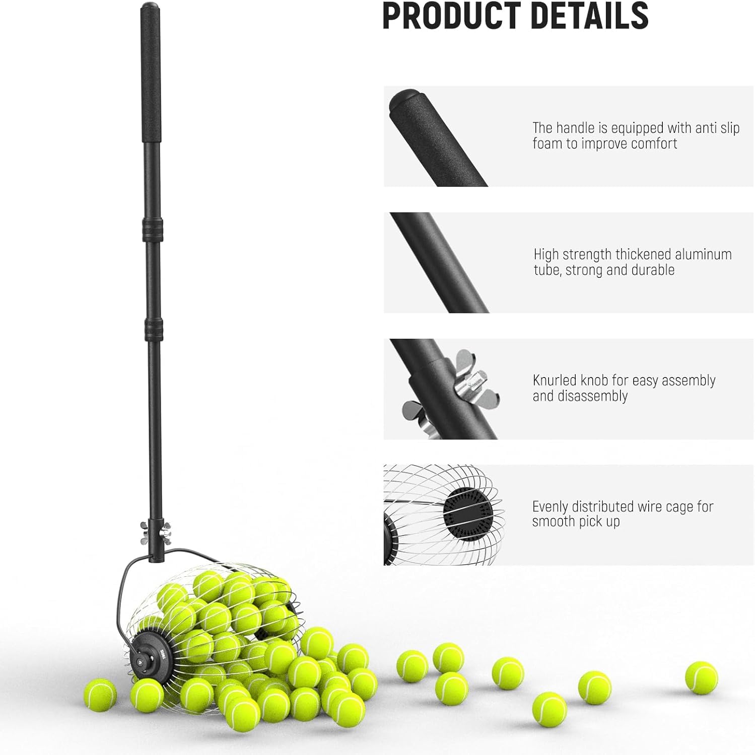 NEEWER Raccoglitore Tramoggia di Palline da Tennis Rapido a Rullo, per Raccogliere Fino a 40 Palline da Tennis/Golf/Pickleball da 1,5"-3" Senza Piegarsi, Manico Telescopico da 77-148cm/30"-58", TB01S