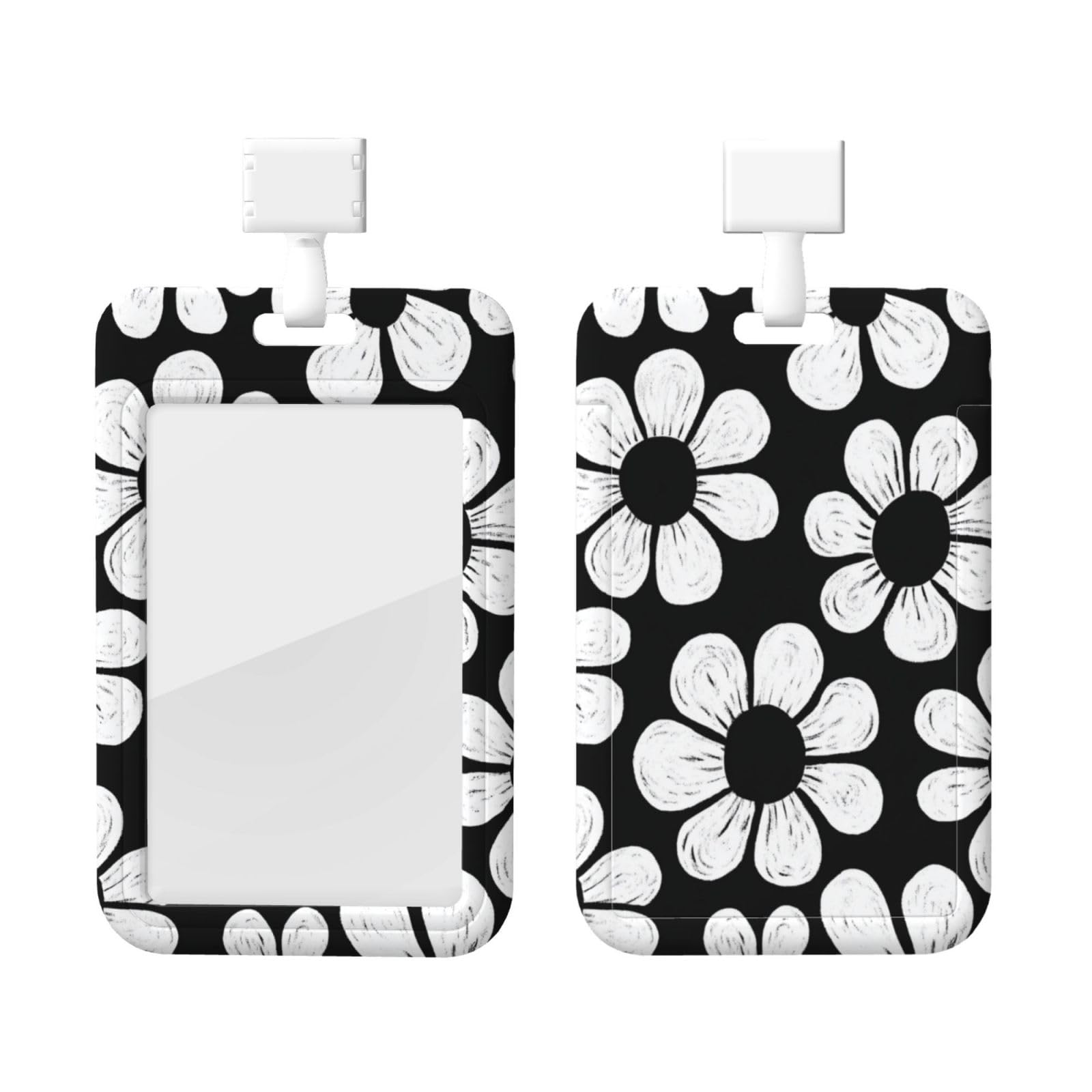 Mid-Century Woodblock Black and White Flower Sliding Id Badge Holder Hard Plastic Work Card Case Name Tag Protector for Nurses Office