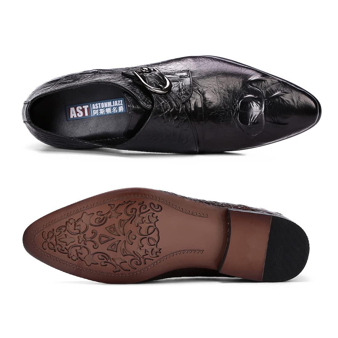 Mocassini Formali Affari da Uomo Scarpe Monk Rilievo a Punta in Vera Pelle Scarpe da Abito Slip On con Fibbia