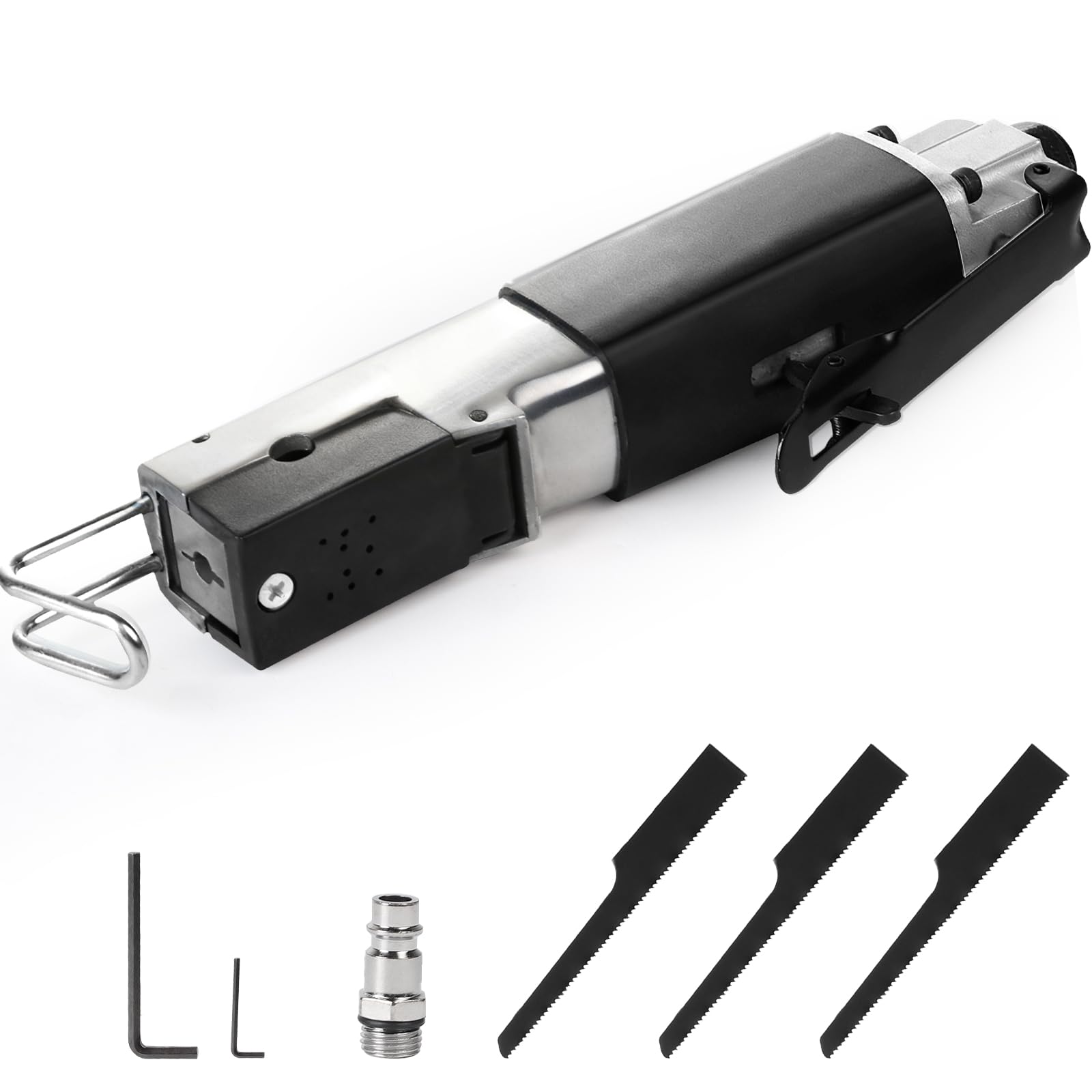 DBREAKS Piła pneumatyczna 1/4" z 3 brzeszczotami 18T, 24T, 32T, miniaturowa piła szablasta do metalu, piła pneumatyczna o ciśnieniu roboczym 6 barów, narzędzie pneumatyczne do cięcia