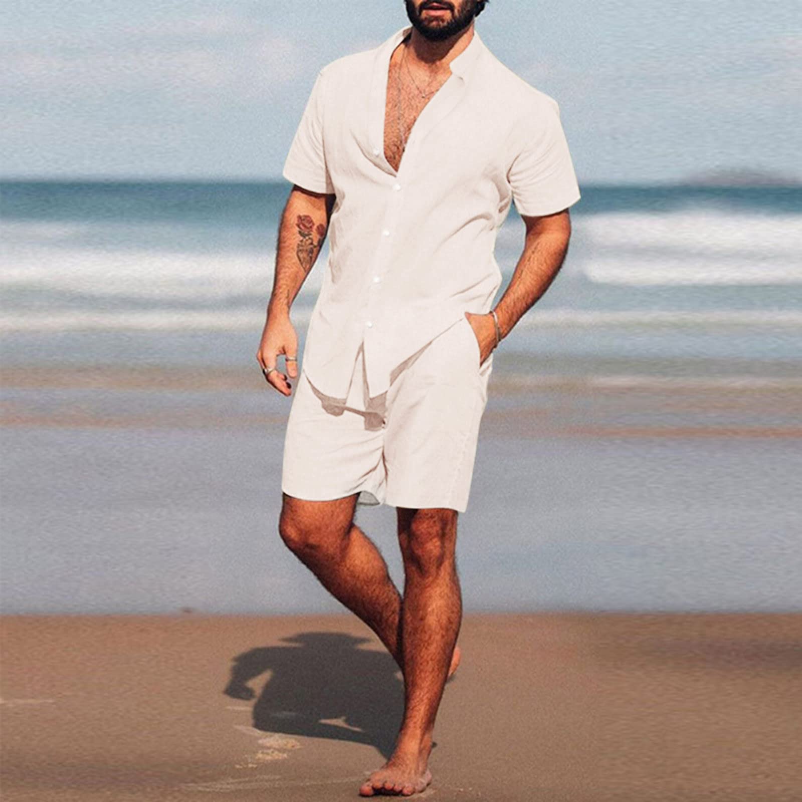 Generisch Set di 2 magliette da uomo, a maniche corte, per il tempo libero, da uomo, corto, camicia, traspirante, vestibilità normale, estivo, leggero, tinta unita, per il tempo libero, a maniche