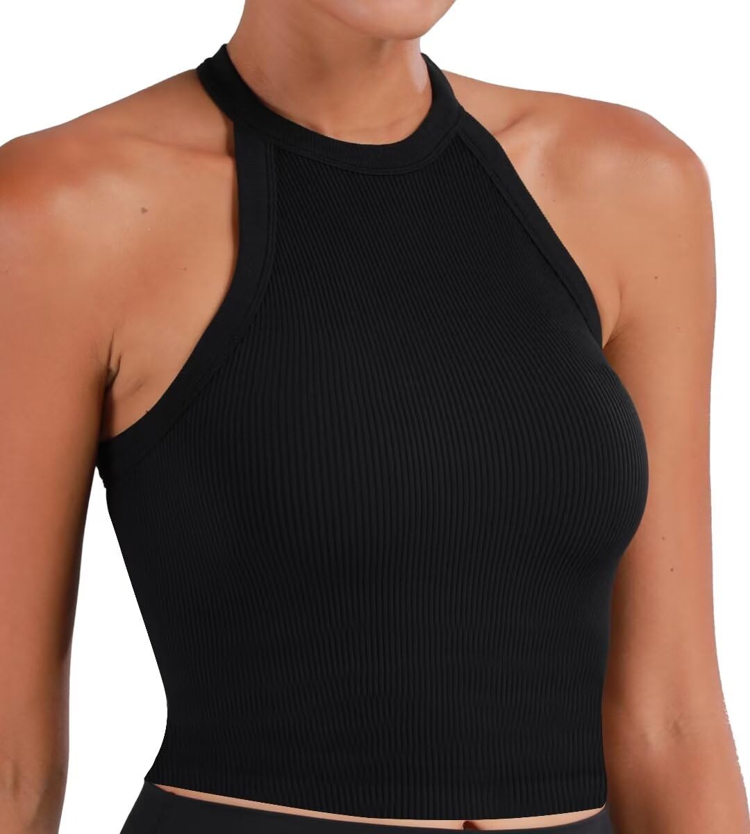 Sunzel Débardeur côtelé pour femme, haut court sans couture, dos nu, col haut, haut court basique sans manches, pour entraînement, yoga, athlétique, Noir + rose vif (longueur de la taille) - Lot de 2,