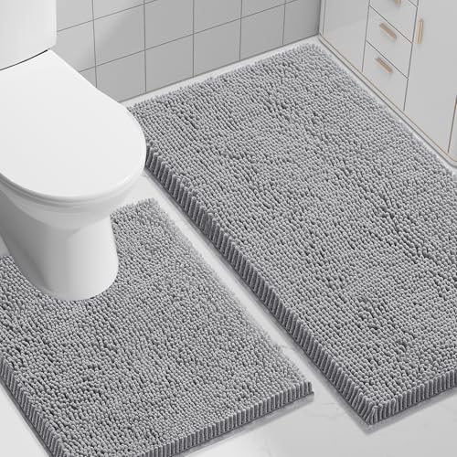 Image of Smiry Bathroom Rugs Set 2 Piece, Soft Absorbent Chenille Bath Mat and U-Shaped Toilet Rug Set, Non Slip Shaggy Bath Carpet for Tub, Shower and Floor (30x20+24x20, Grey)
