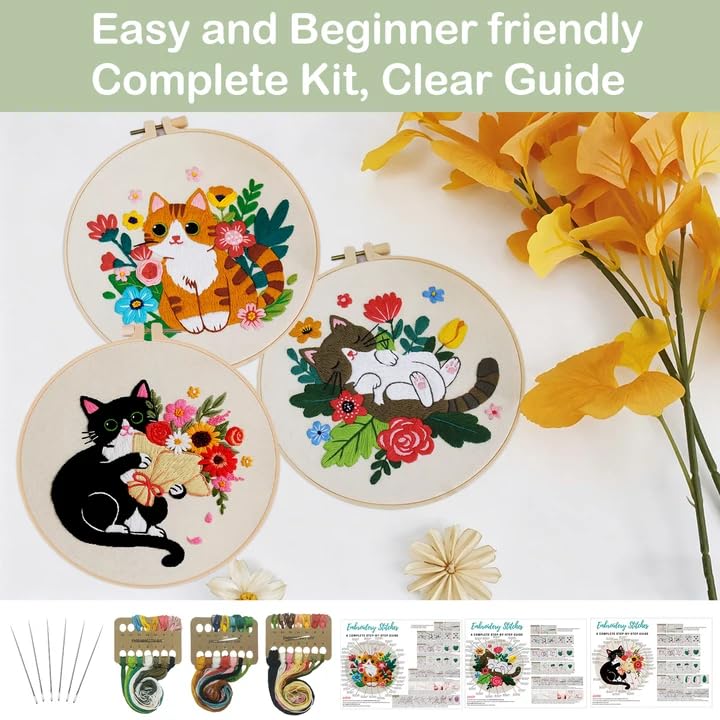 Image of Nuberlic Cat Embroidery Kit for Adults Beginners - 3 Pre-Printed Animal Patterns, Adults Starter Cross Stitch Kit DIY Needlepoint