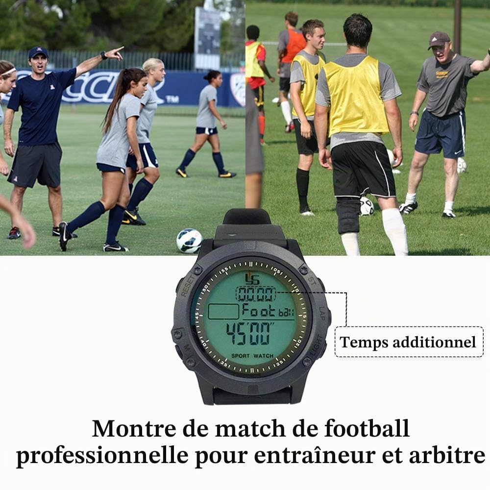 Montre d'arbitre de football professionnel – Chronomètre mémoire à 100 tours avec compte à rebours et mode silencieux, affichage rétroéclairé à 3 lignes pour entraîneurs de football, horloge 12/24
