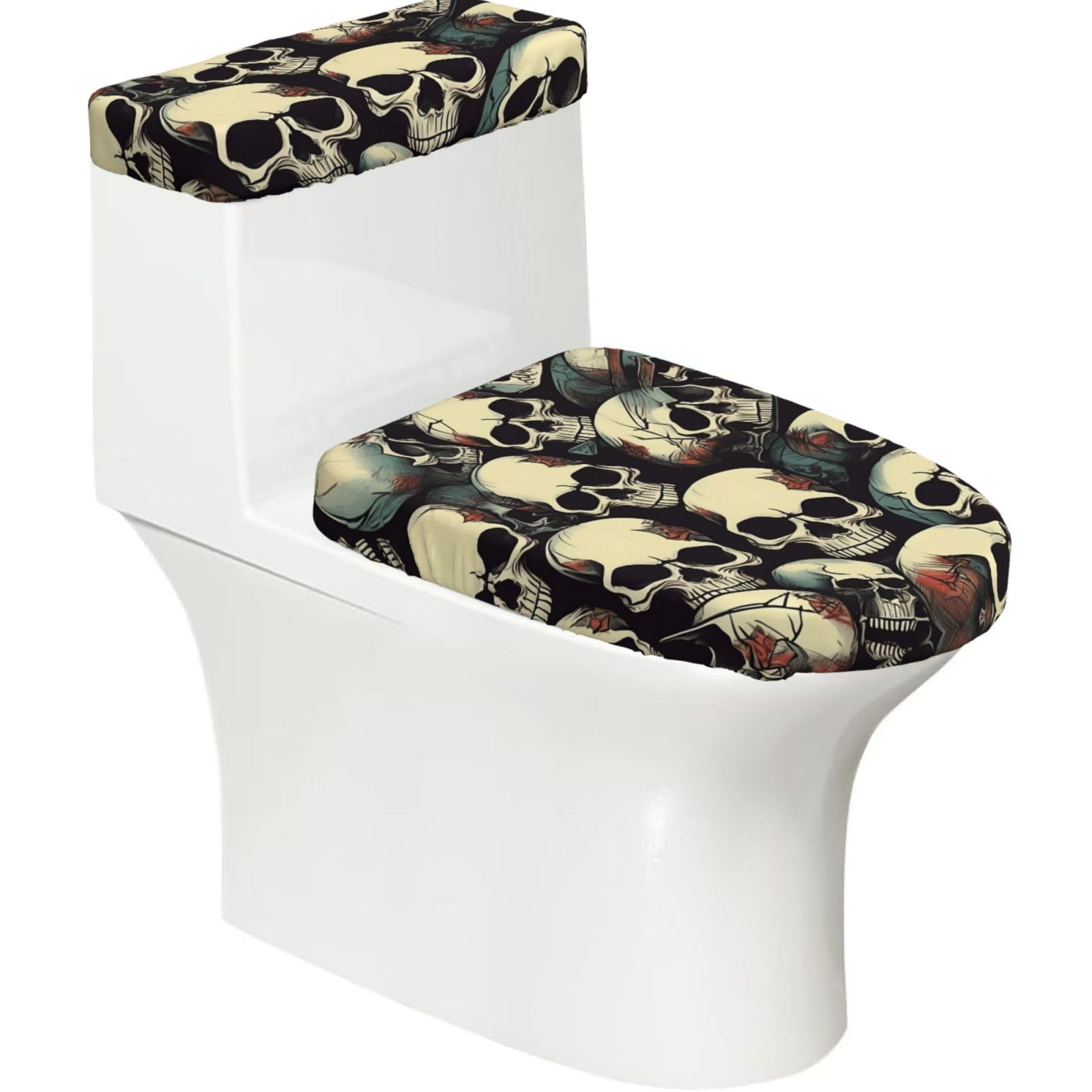 Skull Skeleton Printed Toilet Tank and Lid Cover Set of 2 for Most Bathrooms, Fits Elongated Round Toilets