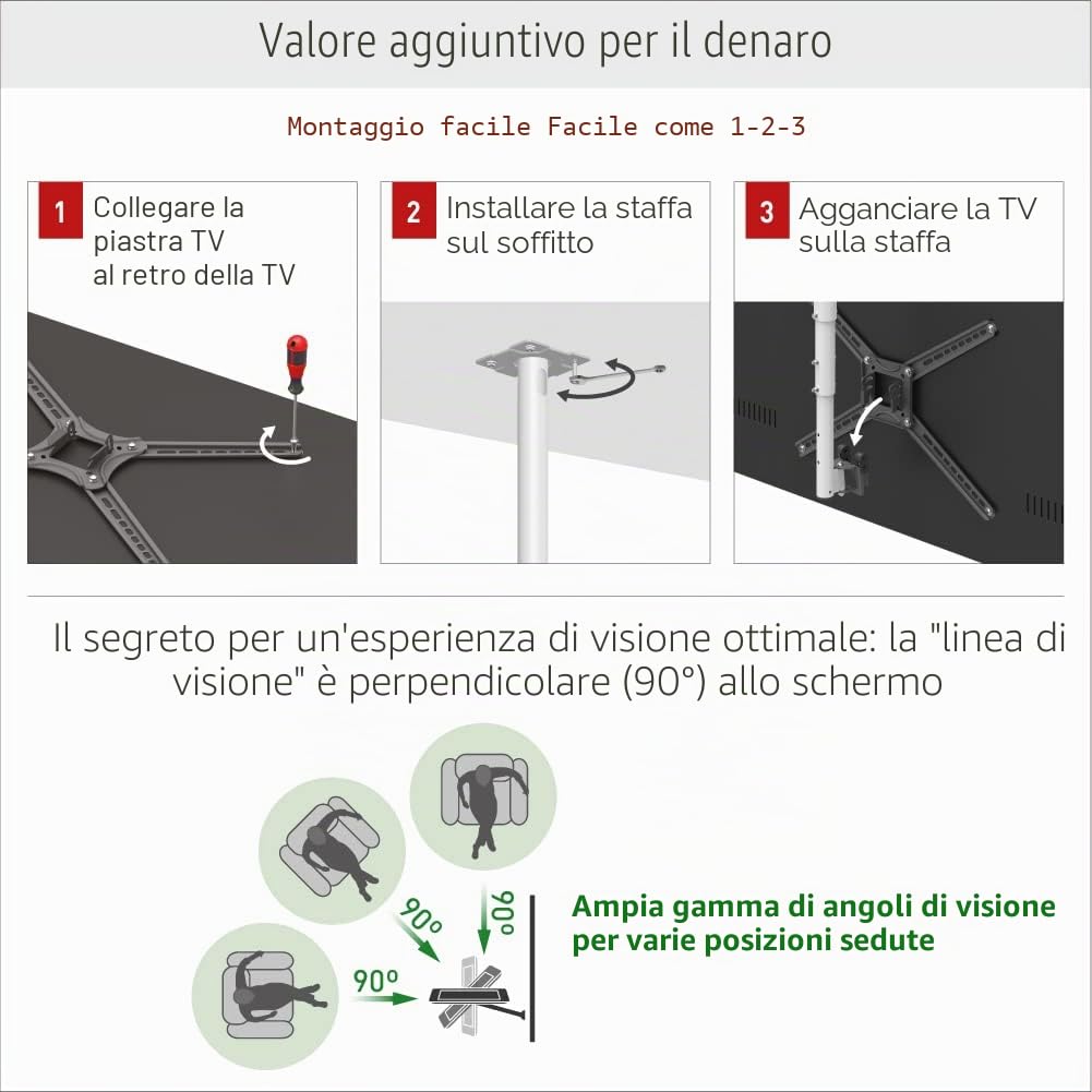 Barkan Supporto da soffitto per TV bianco lungo 97 cm, movimento completo, 3 movimenti, piatto/curvo, supporta fino a 40 kg, regolazione telescopica dell'altezza, adatto per LED OLED LCD