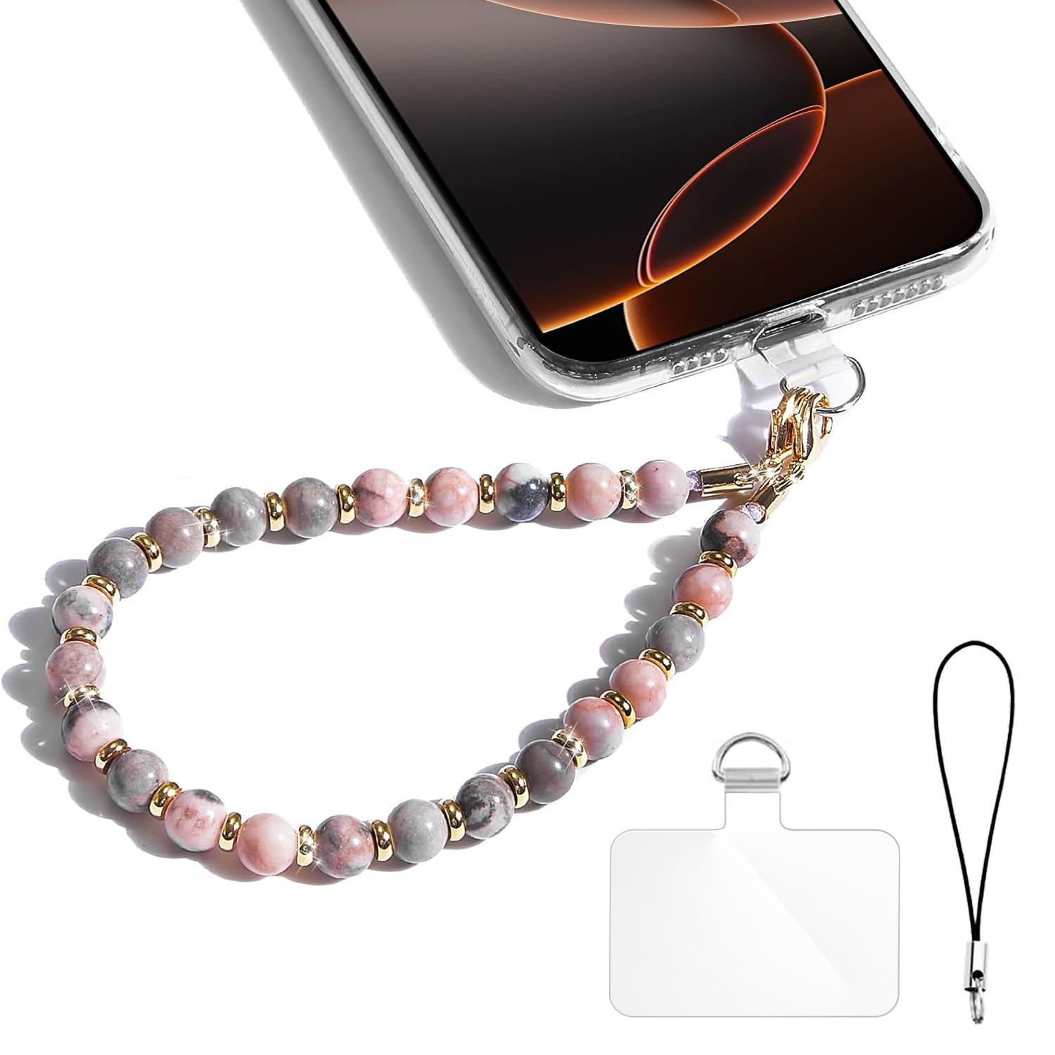 T Tersely Phone Charm with Beaded Marble, Cell Phone Lanyard with Tether Tab, Phone Chain Strap, Hands-Free Wrist Strap, Phone Strap for Women Compatible with iPhone 16 Pro Max/ 15 Pro Max